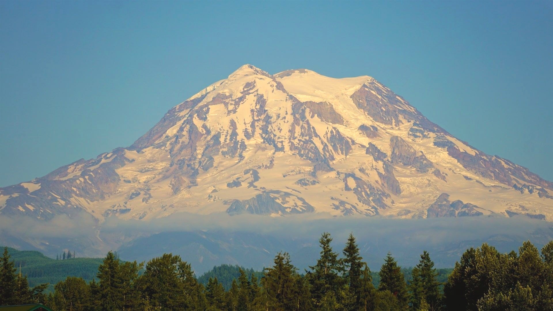 A snow-capped mountain rises above a line of dark evergreen forest under a clear blue sky, reflecting the natural beauty of the Puyallup Valley region.