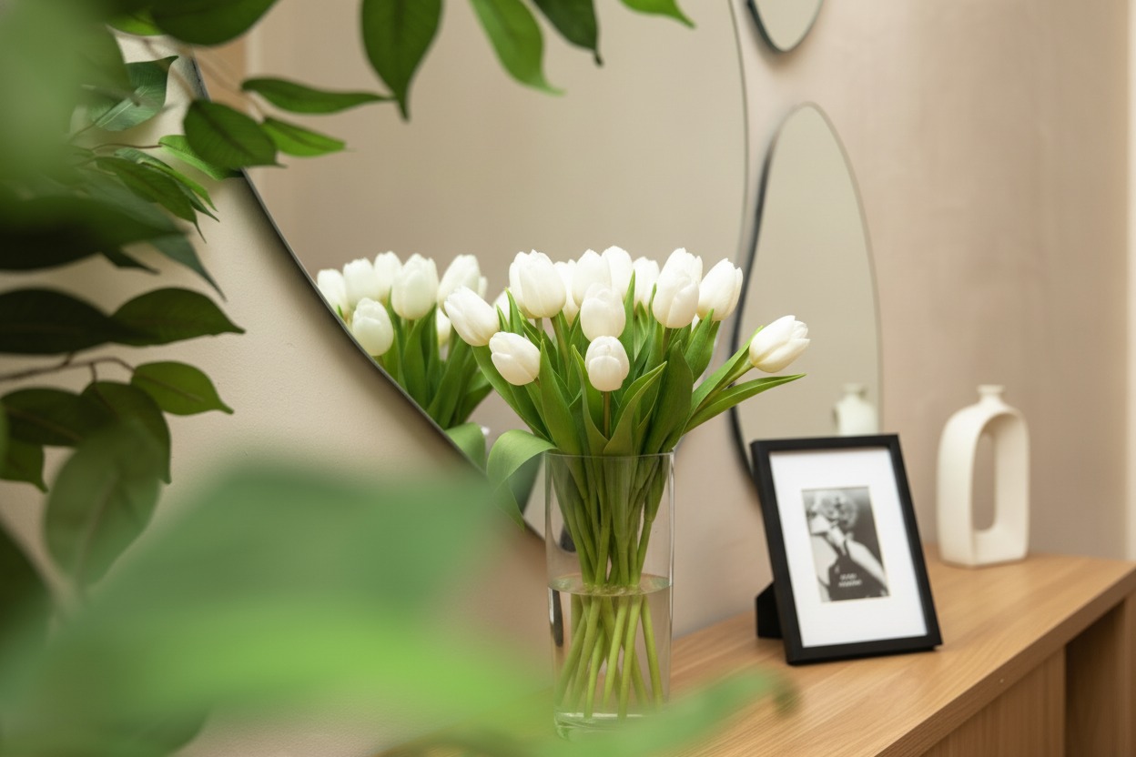 A glass vase of white tulips sits on a wooden shelf beside a black-and-white framed photograph and a white ceramic vase, with round mirrors and green leaves framing the scene in soft indoor light.