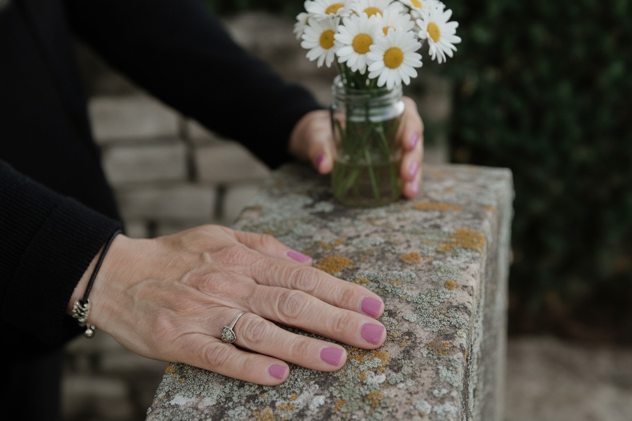 A woman's hands rest on a lichen-covered stone ledge beside a small mason jar of white daisies, outdoors in soft daylight.