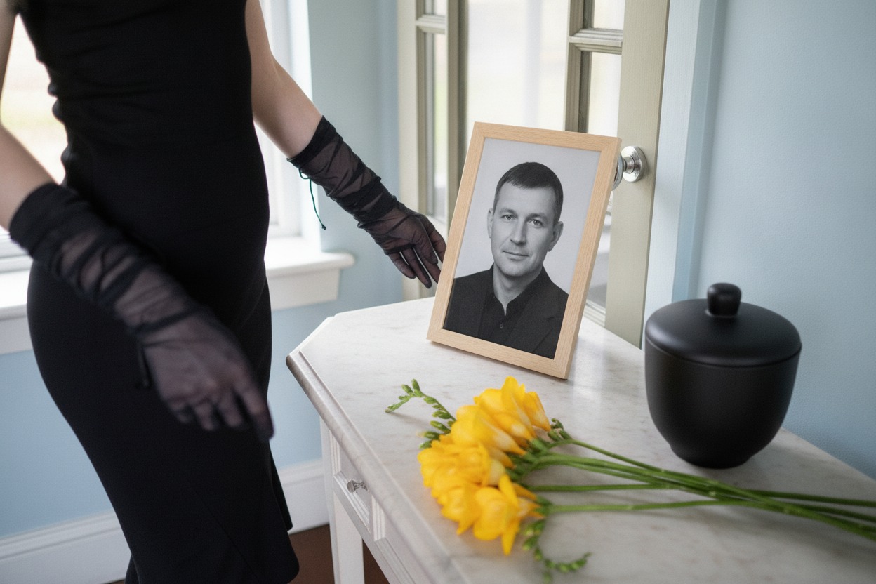 A woman in a black dress stands beside a marble table holding a framed black-and-white portrait next to a black urn and yellow freesias.