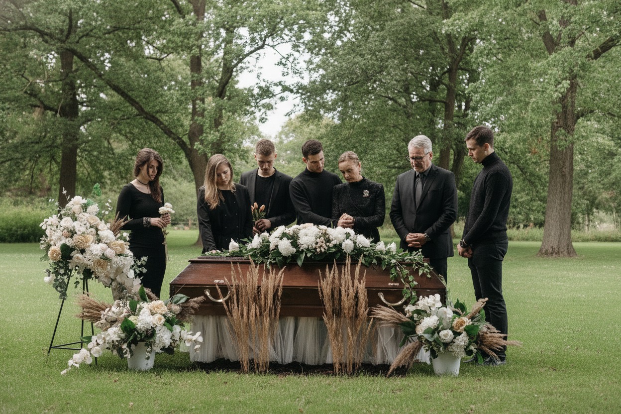 A group gathers with heads bowed around an outdoor casket adorned with white flowers during a graveside farewell service.