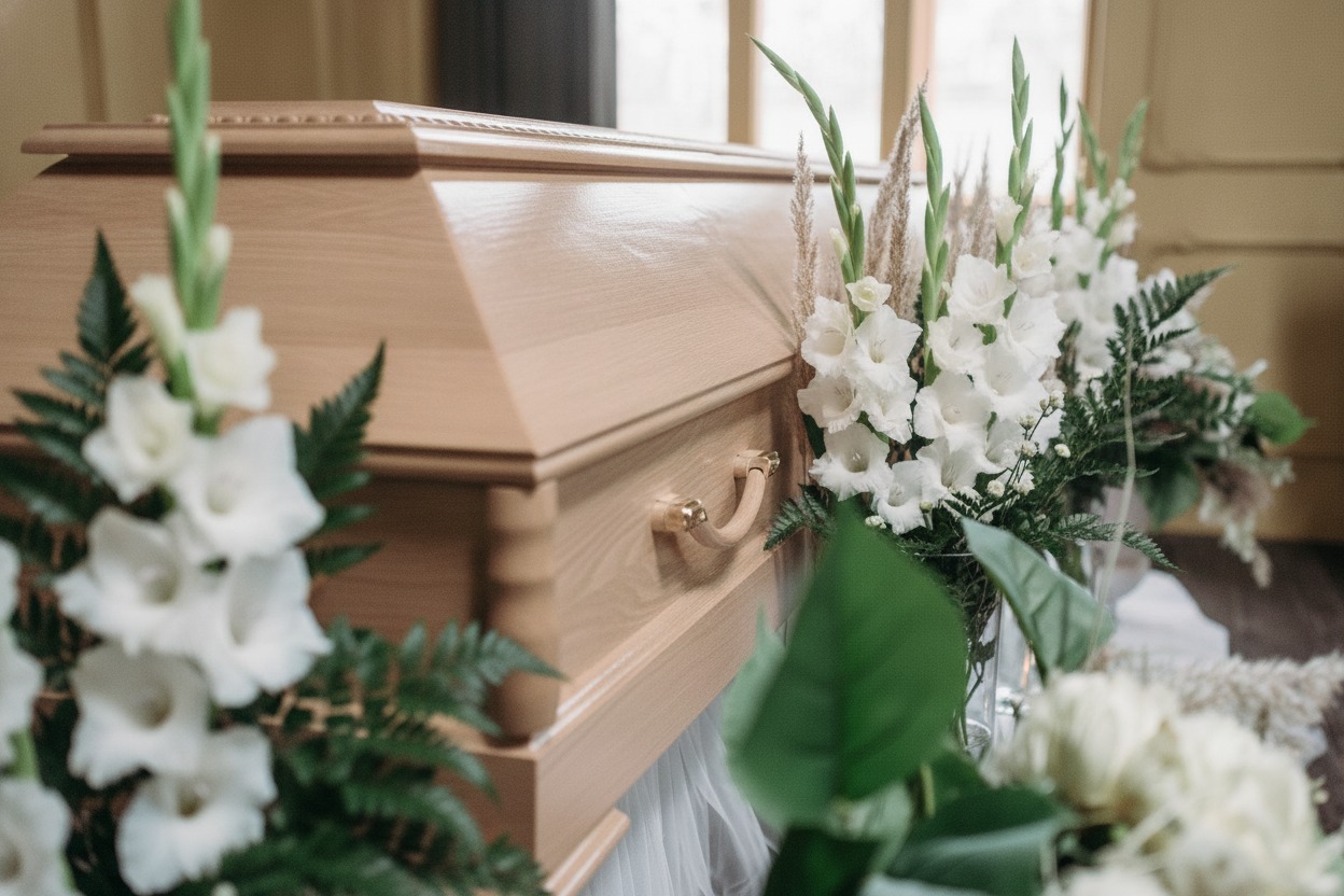 A light wood-toned casket rests in a quiet chapel setting surrounded by white gladiolus and greenery with soft window light.