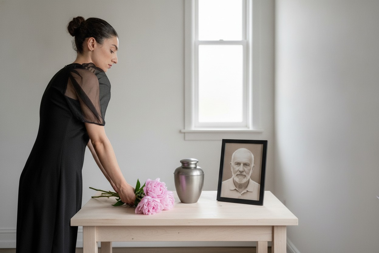 A woman in a black dress gently places pink peonies beside a metal urn and a framed portrait of an older man on a light wooden table.