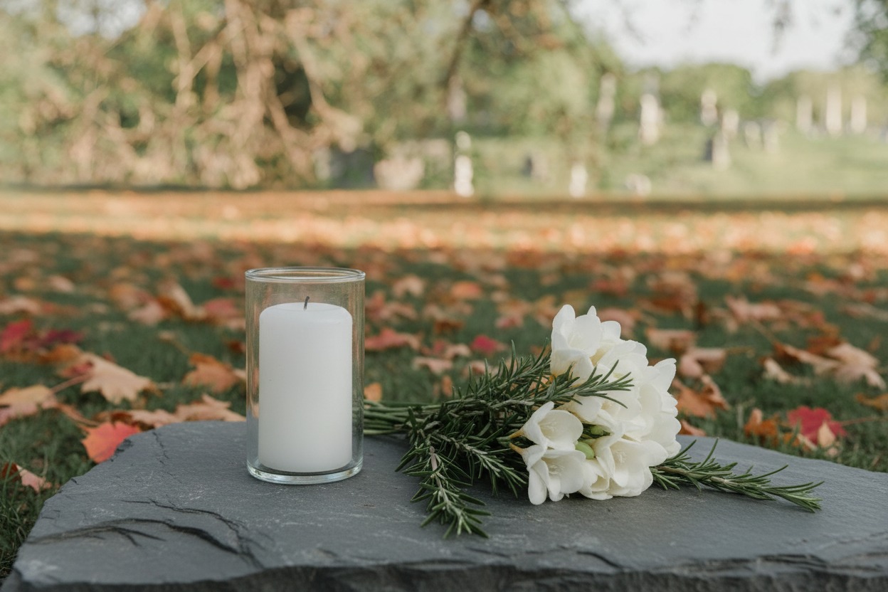 Rows of white military headstones stand in a cemetery lawn with two small flower arrangements placed at one grave.