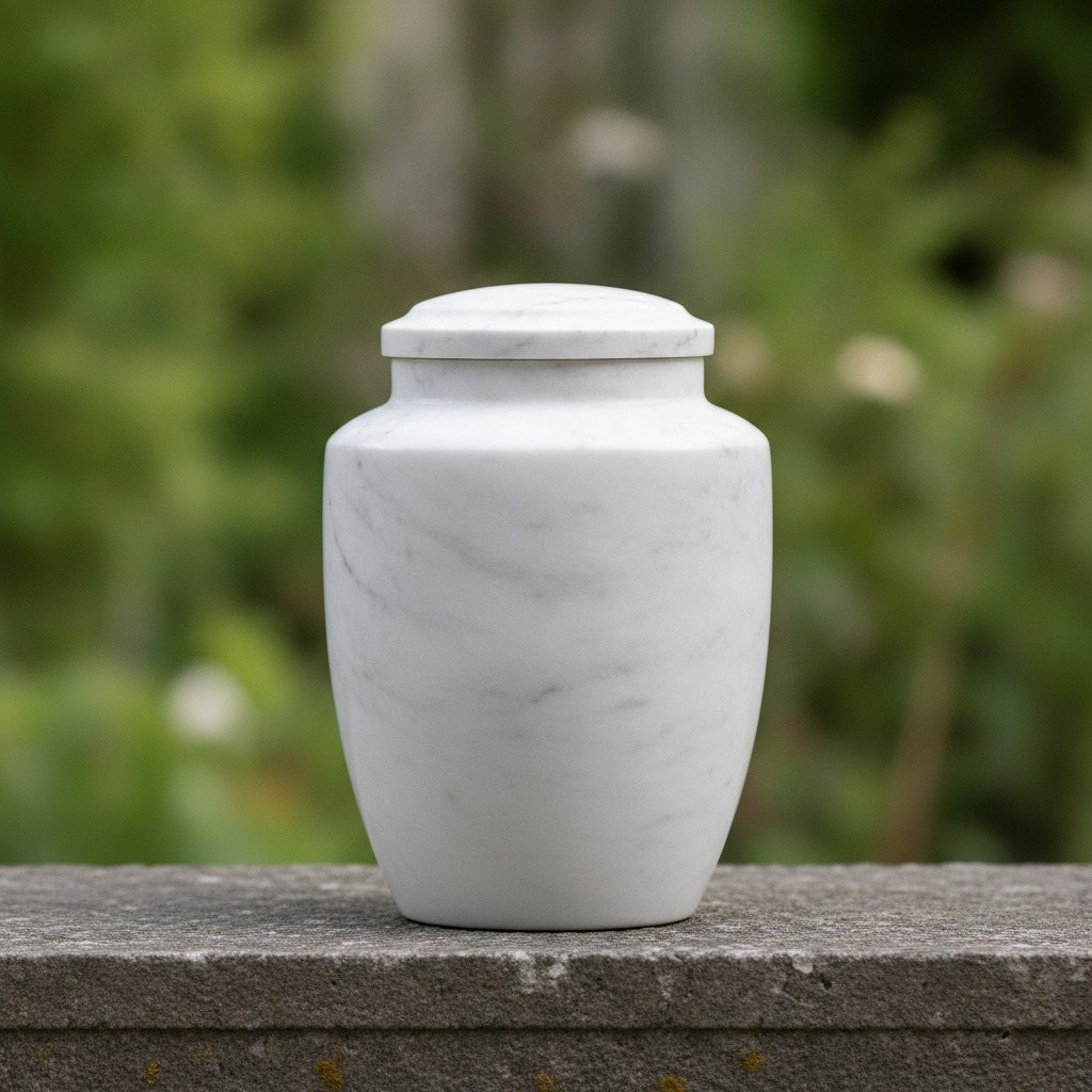 A dark metallic cremation urn rests on a green cloth-covered surface beside a spray of bright yellow roses in warm outdoor light.
